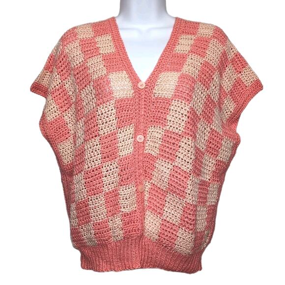Hand Knit Handmade Pullover Sweater Vest Crop Top Size M Peach Checkerboard NEW - Picture 2 of 10